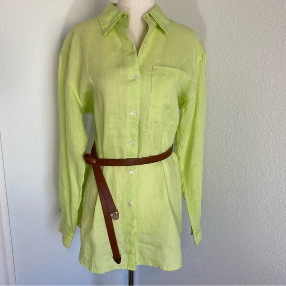 NWOT  Liz Claiborne Linen Lime Green Button Top w/Unique Belt Rare Size S - Picture 1 of 10